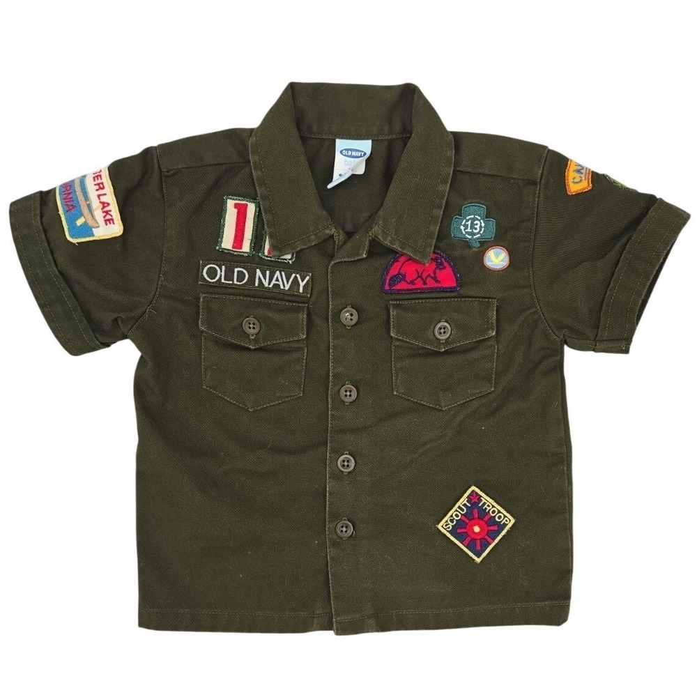 Old Navy Baby‎ Boy Army Green Patch Shirt 6–12 Months Button Up